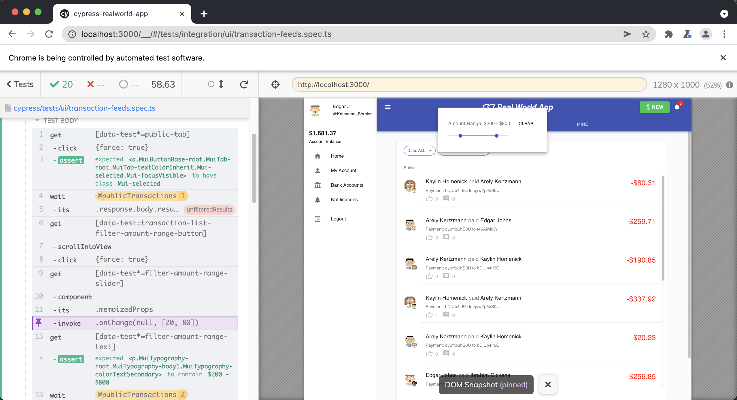 Screenshot of Cypress App with passing test with the 'invoke' command highlighted in purple in the Cypress Command Log. The text beside the invoke command says '.onChange' with arguments null, and an array with 20 and 80 as values. The application under test shows the Real World App on a page with transactions. There is a popover with an amount range slider.
